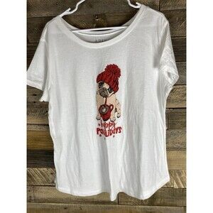 Andiva Womens Sz XL White Happy Pawlidays Pug Short Sleeve T-Shirt